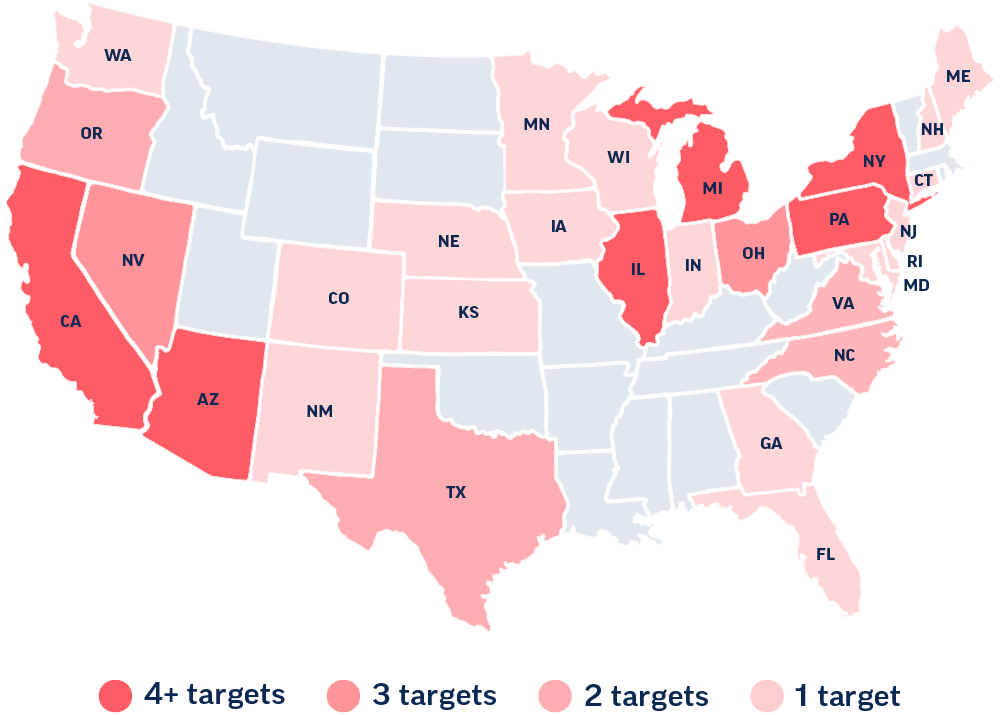 A map depicting which states Swing Left is targeting this year to help protect the Democratic House majority. States with more target House races are a deeper shade of red.